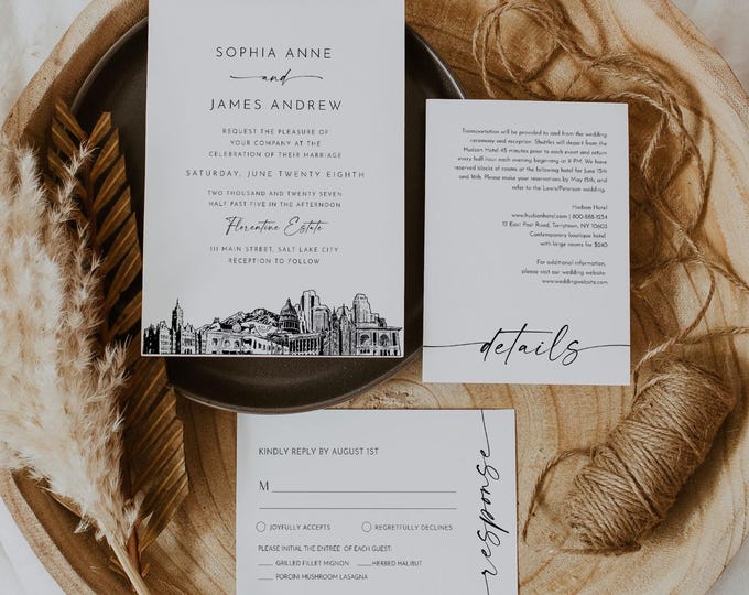 Salt Lake City Wedding Invitation Set, SLC Utah Skyline, Photo Card, Editable Template, Includes Invite, RSVP, Details, Templett #0047