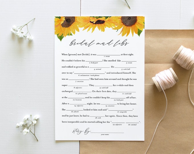 Mad Libs Bridal Shower Game Template, Printable Sunflower Bridal Shower Funny Game, Editable Text, Instant Download, Templett #0010-315BG