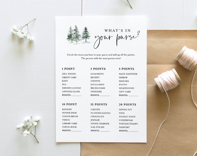 What's In Your Purse Bridal Shower, Winter Pine Bridal Shower Game Template, 100% Editable Text, Instant Download, Templett, 5x7 #073-254BG