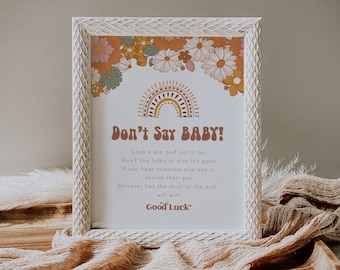 Don't Say Baby Clothespin Game, Retro Groovy Baby Shower Sign, 100% Editable Template, Printable, Instant Download, Templett  #050-339BASG