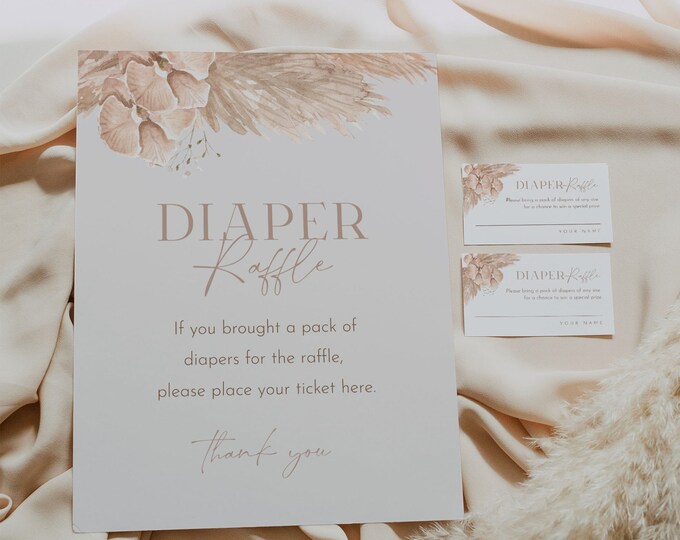 Bohemian Baby Diaper Raffle Game, Boho Pampas Baby Shower Game, Raffle Ticket Insert and Sign, Editable Template, Instant #028-103DR