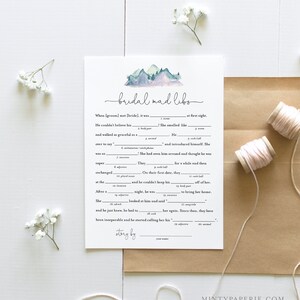 Mad Libs Bridal Shower Game Template, Printable Mountain Bridal Shower Funny Game, Editable Text, Instant Download, Templett #063-261BG