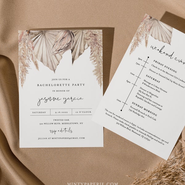 Bohemian Bachelorette Invitation & Itinerary Timeline, Pampas, Dried Foliage, Editable Template, INSTANT DOWNLOAD, Templett #0022-144BP