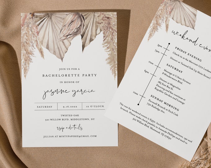 Bohemian Bachelorette Invitation & Itinerary Timeline, Pampas, Dried Foliage, Editable Template, INSTANT DOWNLOAD, Templett #0022-144BP