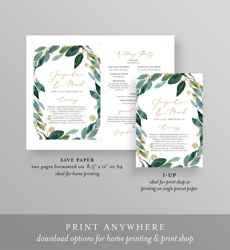 Printable Order of Service INSTANT DOWNLOAD Watercolor Greenery DIY #044-408WP 100/% Editable Fan or Flat Wedding Program Template