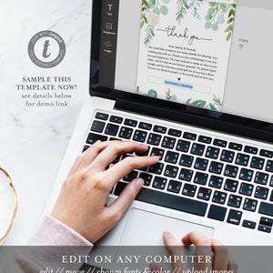 May include: A laptop computer screen displaying a thank you card template with a floral design. The text on the card reads "thank you" and "Dear Family & Friends". The card is being edited on the computer using a program with a toolbar on the left side of the screen. The toolbar includes options for "Templates", "Text", "Background", and "Images".