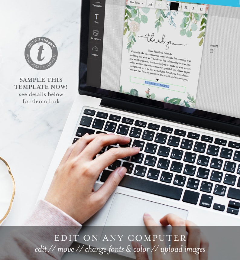 May include: A laptop computer screen displaying a thank you card template with a floral design. The text on the card reads "thank you" and "Dear Family & Friends". The card is being edited on the computer using a program with a toolbar on the left side of the screen. The toolbar includes options for "Templates", "Text", "Background", and "Images".