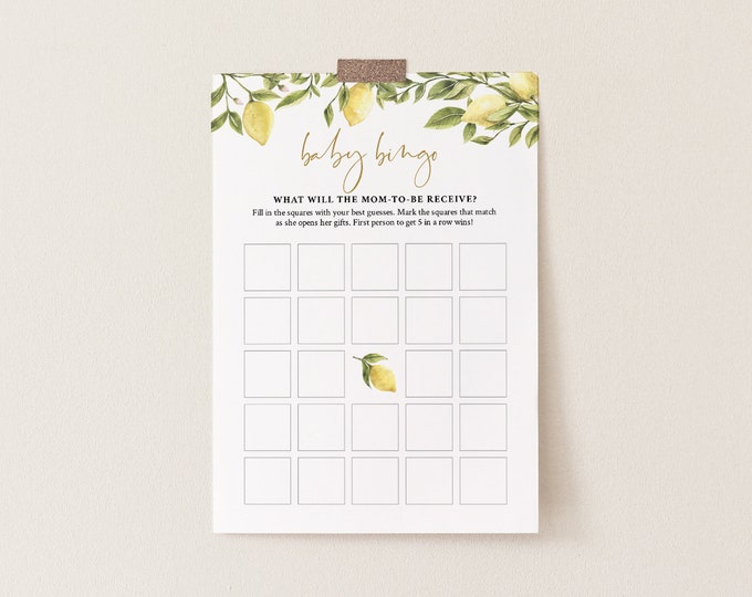 Baby Bingo Game, Printable Summer Citrus Lemon Baby Shower Game, DIY Template, 100% Editable Text, Instant Download, Templett  #089-108BASG