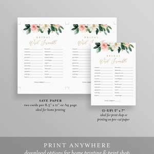 May include: Printable bridal shower game cards with a floral design. The cards feature a pink and white floral illustration with green leaves. The text on the cards reads "Bridal Word Scramble".