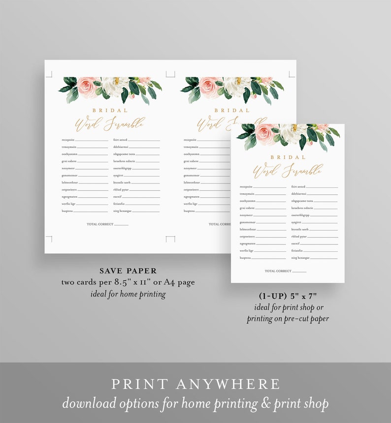 May include: Printable bridal shower game cards with a floral design. The cards feature a pink and white floral illustration with green leaves. The text on the cards reads "Bridal Word Scramble".