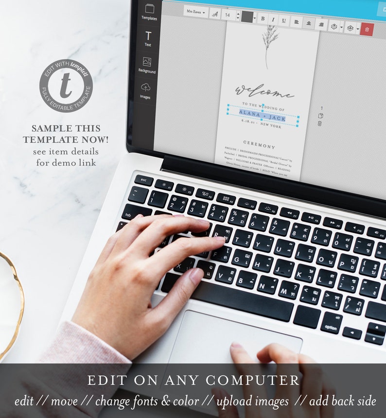 May include: A laptop computer with a white keyboard and a screen displaying a wedding invitation template. The template is for a wedding ceremony and features a floral design with the text "Welcome to the wedding of Alana & Jack". The text "Edit on any computer" is displayed below the laptop.