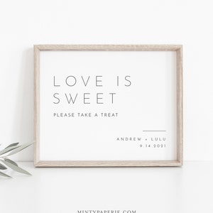 Liefde is zoet teken, minimalistische bruiloft gunsten teken sjabloon, neem een traktatie, afdrukbare gunsten kaart, Instant Download, Templett, 8 x 10 #094-19S