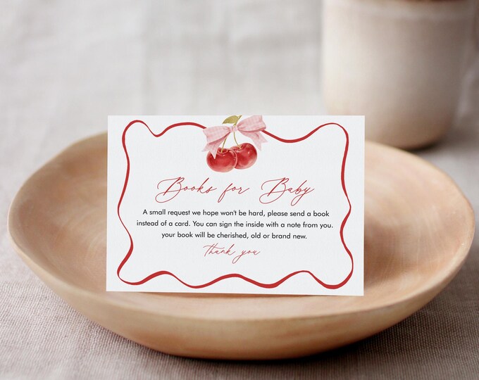 Cherry Books for Baby Card, Coquette Book Request, Cherry on Top Baby Shower Invitation Book Insert, Editable Text, Templett #0056-175BFB