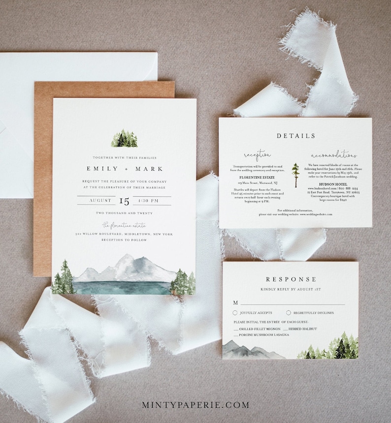 Lake Wedding Invitation Set, Lakeside, Mountain, Woodland Pine, Rustic Wedding, Editable Template, Instant Download, Templett 017A image 1