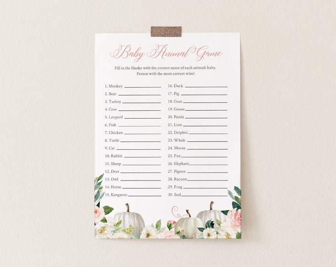 Baby Animal Game, Printable Name the Baby, Fall Pumpkin Baby Shower Game, Editable Template, Instant Download, Templett #072B-234BASG