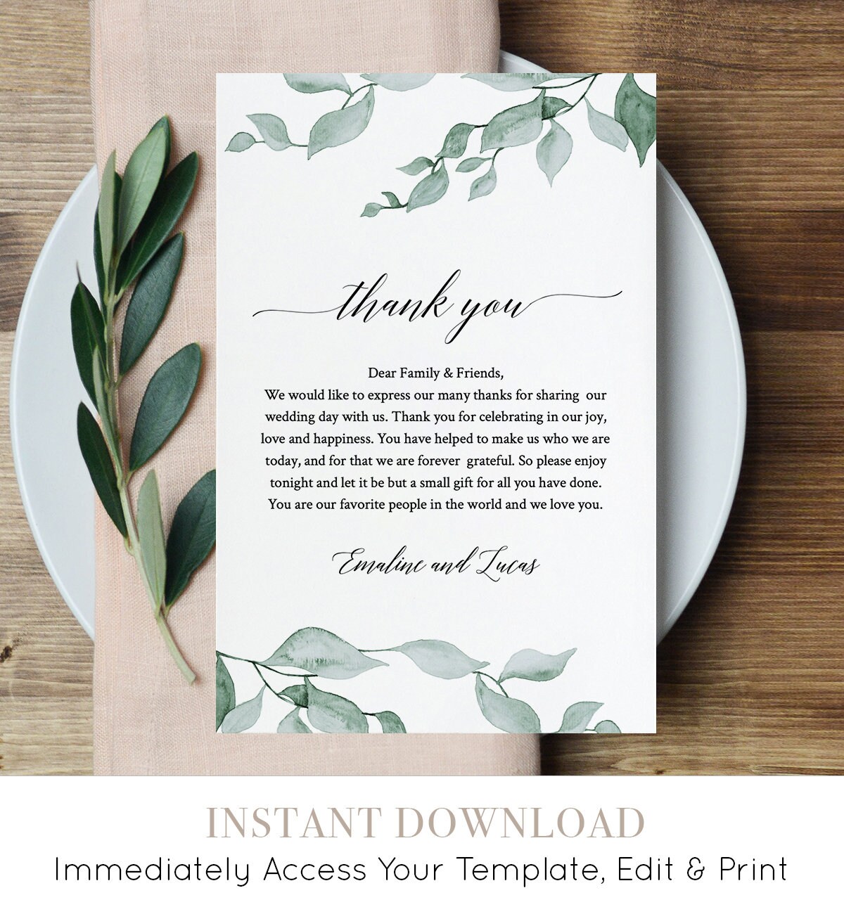 Greenery Wedding Thank You Card, Printable In Lieu of Favor Card Intended For Template For Wedding Thank You Cards