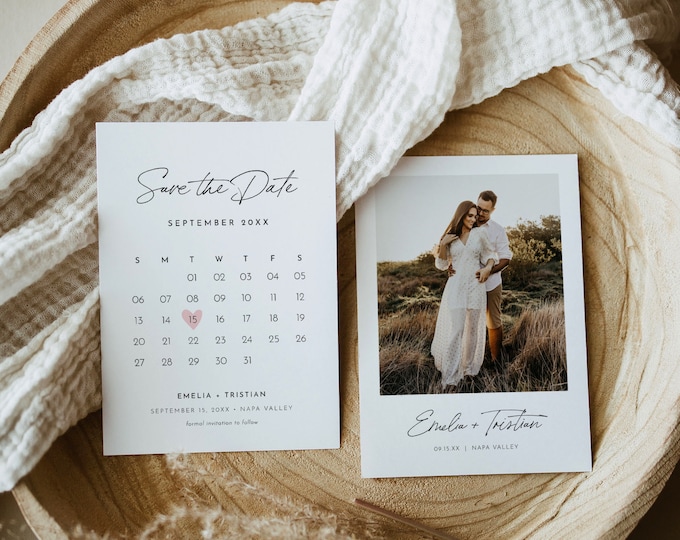 Save the Date Card Template, Calendar, Photo Card,  Printable Wedding Date Card, Instant Download, 100% Editable, Templett, 5x7 #0024-188SD