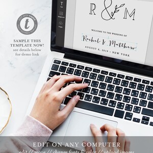 May include: A laptop computer with a wedding invitation template open on the screen. The template features the initials "R&M" with a floral design and the text "Welcome to the wedding of Rachel & Matthew, August 8, 2019, New York".