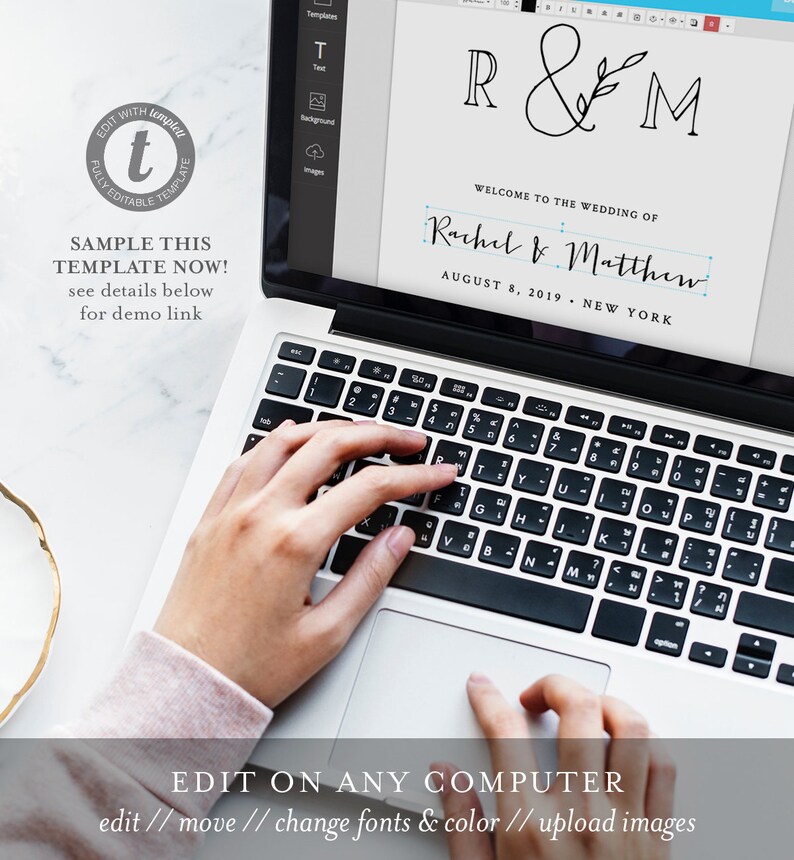 May include: A laptop computer with a wedding invitation template open on the screen. The template features the initials "R&M" with a floral design and the text "Welcome to the wedding of Rachel & Matthew, August 8, 2019, New York".