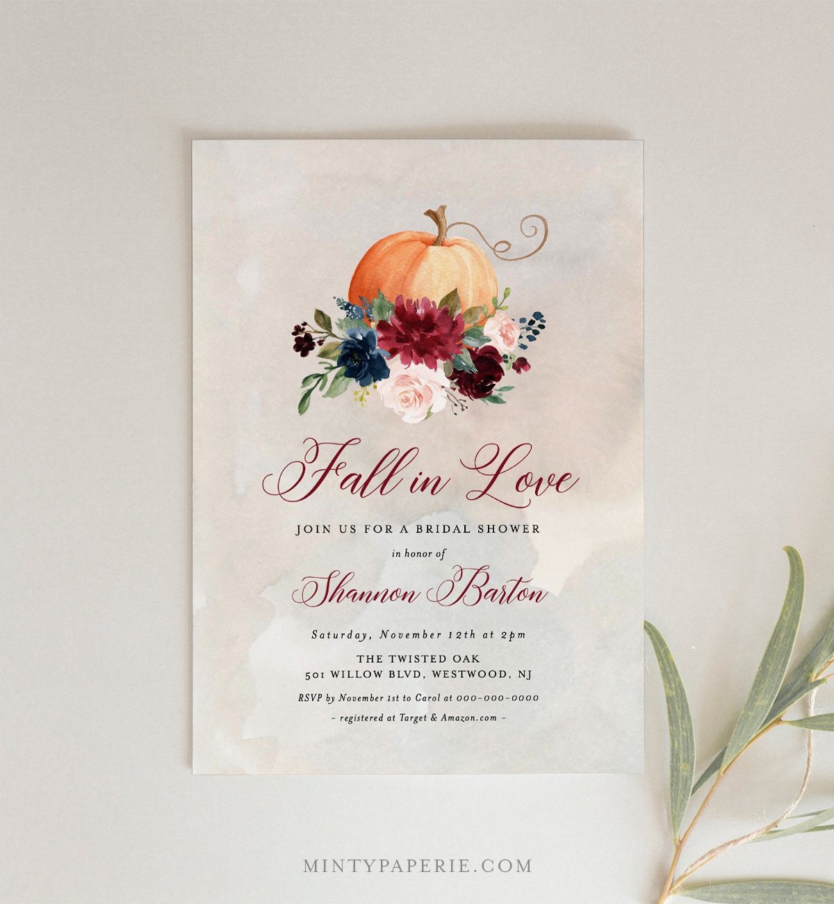 Pumpkin Bridal Shower Invitation Template, Printable Boho