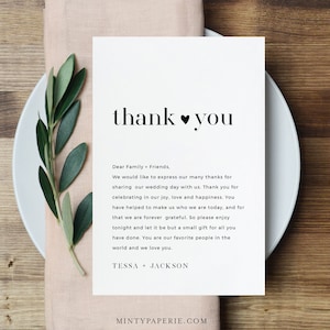 Carta de agradecimiento, Nota de servilleta, Menú de boda minimalista imprimible Gracias, Plantilla editable, DESCARGA INSTANTE, Templett, 4x6 #088-130TYN
