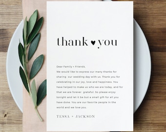 Thank You Letter, Napkin Note, Printable Minimalist Wedding Menu Thank You, Editable Template, INSTANT DOWNLOAD, Templett, 4x6 #088-130TYN