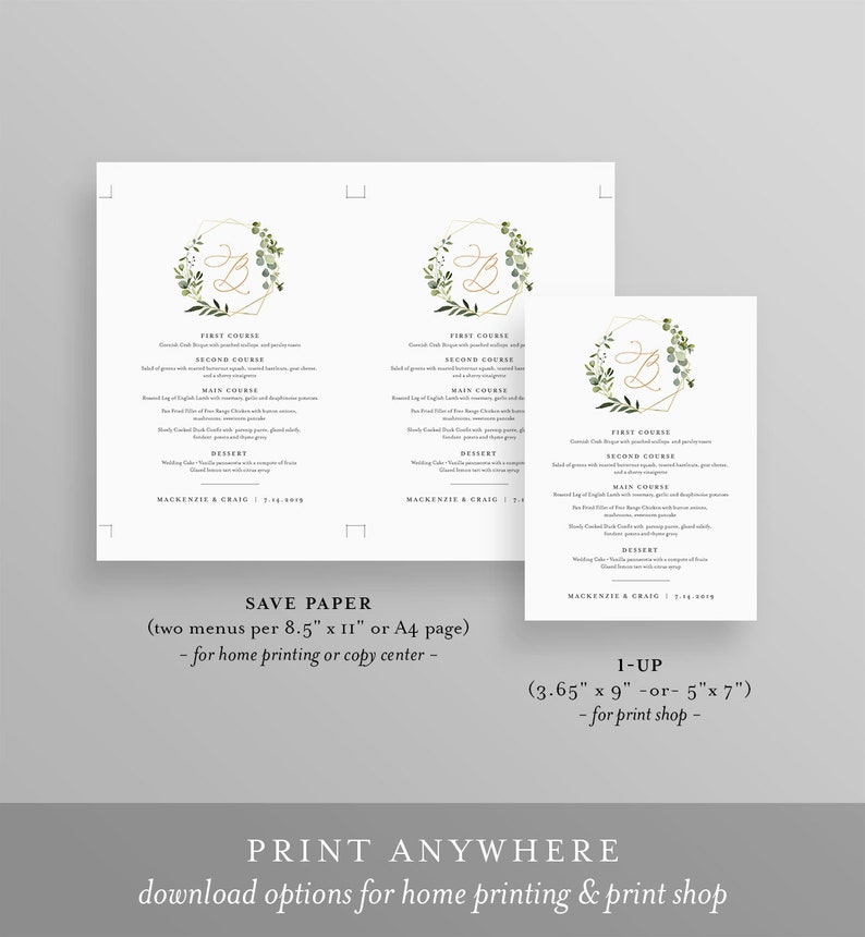 Wedding Greenery Monogram Templett Wedding Menu Template INSTANT DOWNLOAD Printable Dinner Menu Card 100/% Editable Text DIY #056-127WM