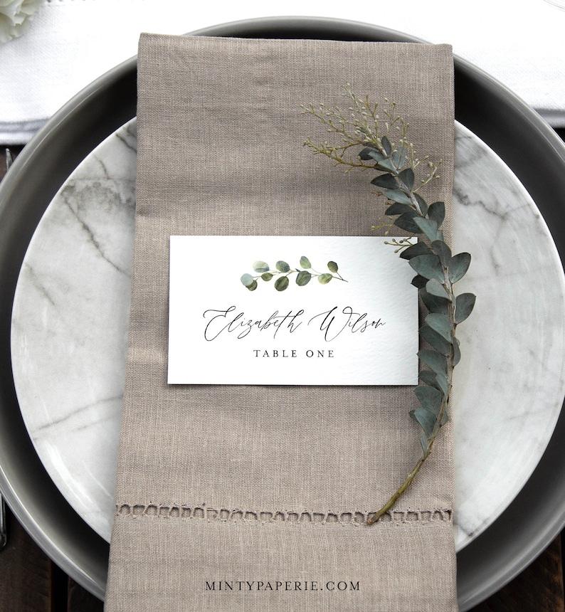 May include: A white place card with a green eucalyptus sprig illustration and the text "Elizabeth Wilson, Table One".