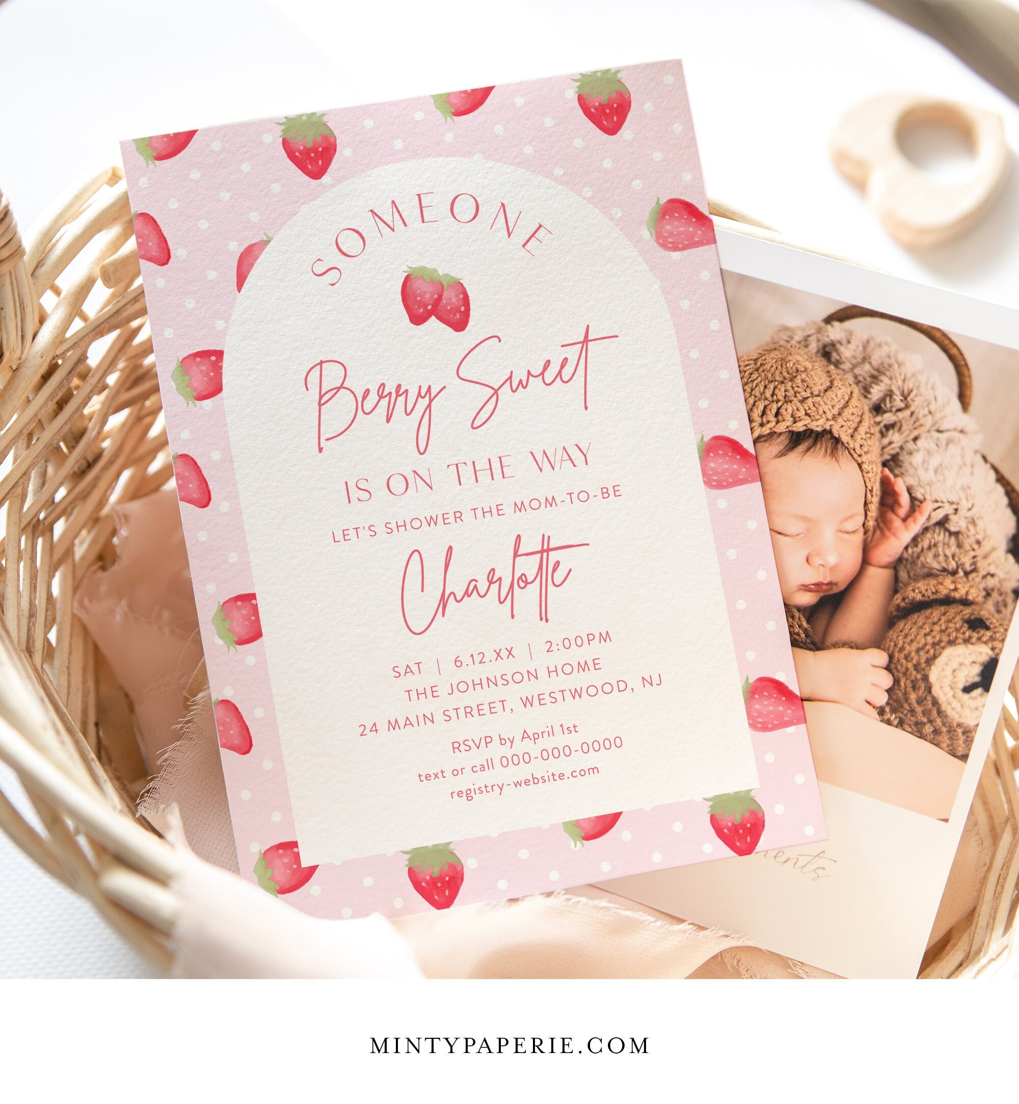 Editable Strawberry Baby Shower Invitation Berry Sweet Baby