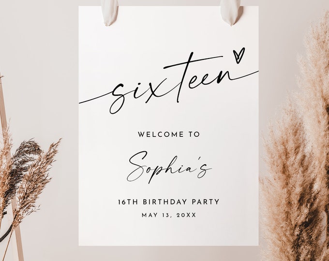 Sweet 16 Birthday Party Welcome Sign, Minimalist, Sixteen, 16th, Editable Template, Printable, Instant Download, Templett #0034W-329LS