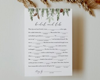 Mad Libs Bridal Shower Game Template, Printable Winter Pine Bridal Shower Funny Game, Editable Text, Instant Download, Templett #0017-339BG