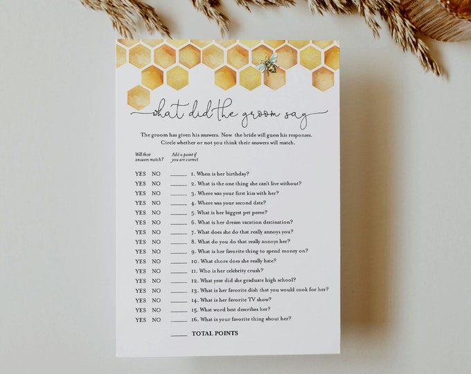 What Did the Groom Say, Honey Bee Bridal Shower Game, Printable Bridal Game, Editable Template, Instant Download, Templett 5x7 #097-368BG