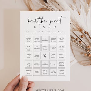 Find the Guest Bingo Game, Minimalist Bridal Shower Bingo, Social Game, Printable, Editable Template, Instant Download, Templett #0031-02BRG