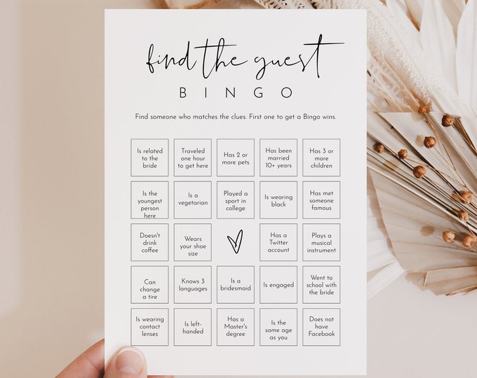 Find the Guest Bingo Game, Minimalist Bridal Shower Bingo, Social Game, Printable, Editable Template, Instant Download, Templett #0031-02BRG