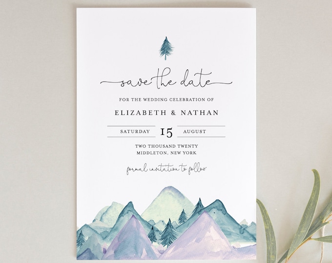 Mountain Save the Date, 100% Editable Text, Printable Rustic Pine Wedding Date Template, Woodland, Nature, INSTANT DOWNLOAD #063-153SD