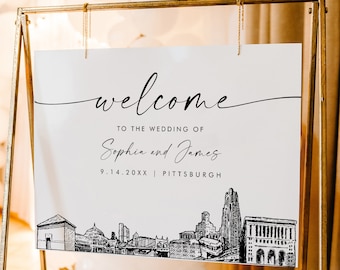 Pittsburgh Welcome Sign, Cityscape Skyline Wedding Sign, Printable Instant Download, Editable Template, Templett, 18x24, 24x36 #0047-353LS