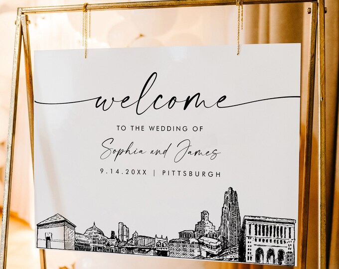 Pittsburgh Welcome Sign, Cityscape Skyline Wedding Sign, Printable Instant Download, Editable Template, Templett, 18x24, 24x36 #0047-353LS