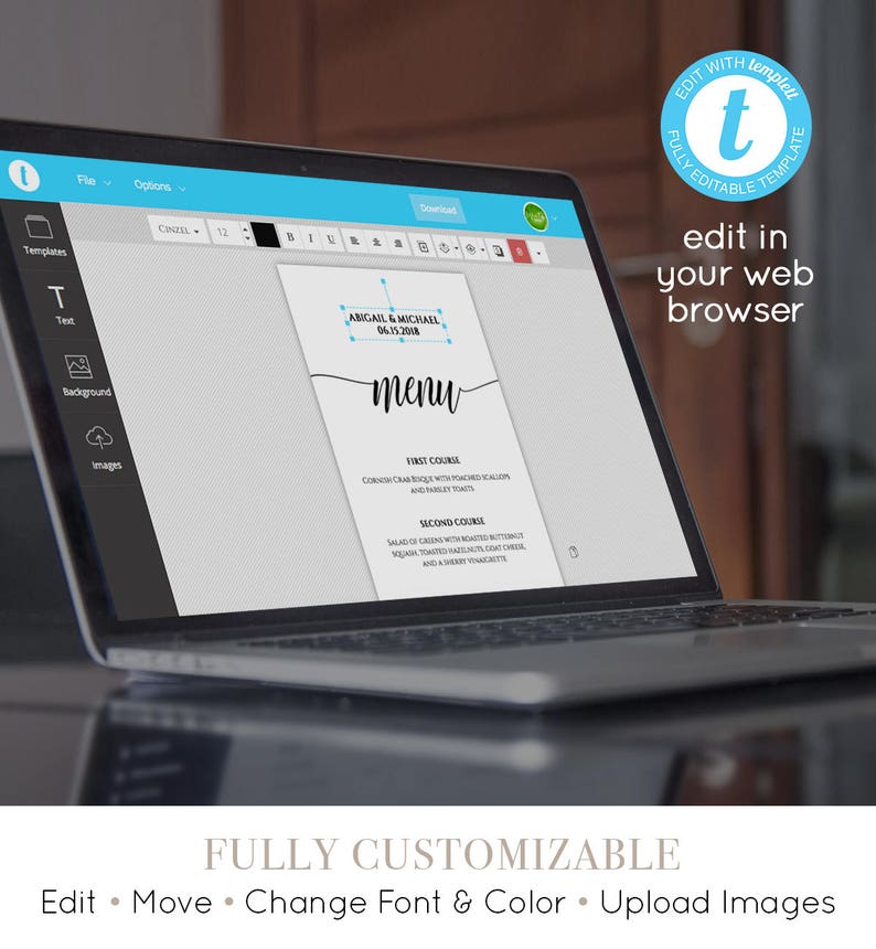 Modello di carta del menu, menu della cena rustica, carta del menu di nozze stampabile, modello completamente modificabile, download istantaneo, fai da te, Templett 020-101WM immagine 3