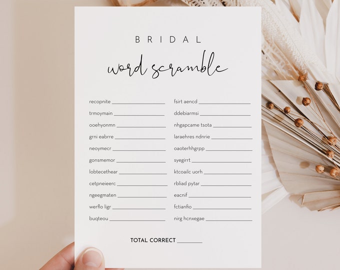 Word Scramble Bridal Shower Game Template, Printable Minimalist Bridal Shower Puzzle, Instant Download, Templett #0031-21BRG