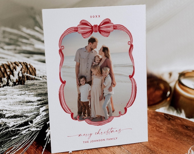Coquette Christmas Card Template, Photo Holiday Card, Bow, Ribbon Editable, Upload Your Photo, Instant Download, Templett, 5x7 #182HP