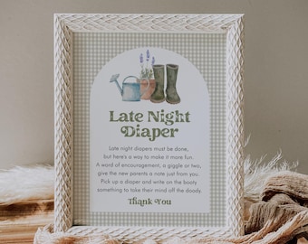 Late Night Diapers Sign, Locally Grown Baby Shower Game, Diaper Notes, Gender Neutral, Editable Template, Instant, Templett #0059-21BAG