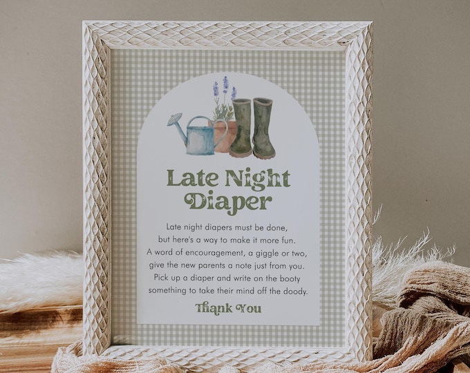 Late Night Diapers Sign, Locally Grown Baby Shower Game, Diaper Notes, Gender Neutral, Editable Template, Instant, Templett #0059-21BAG