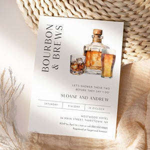 Bourbon and Brews Couples Shower Invitation Template, Whiskey and Beer Bridal Shower Invite, Printable, Editable, Templett #0026H-352BS
