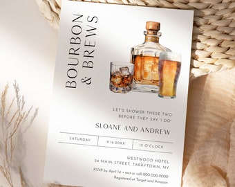 Bourbon and Brews Couples Shower Invitation Template, Whiskey and Beer Bridal Shower Invite, Printable, Editable, Templett #0026H-352BS