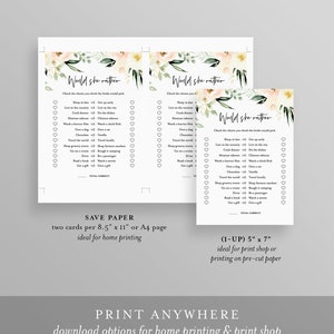 May include: Two printable "Would She Rather" game cards with a floral design. Each card has 15 questions with two choices for the bride-to-be to answer. The cards are designed for home printing and measure 8.5 inches by 11 inches.
