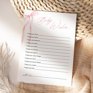 Tarjeta de deseos para bebé, consejos para niña, lazo coqueto para baby shower, lazo rosa, plantilla editable, Templett, 5x7 #0057-29BAG