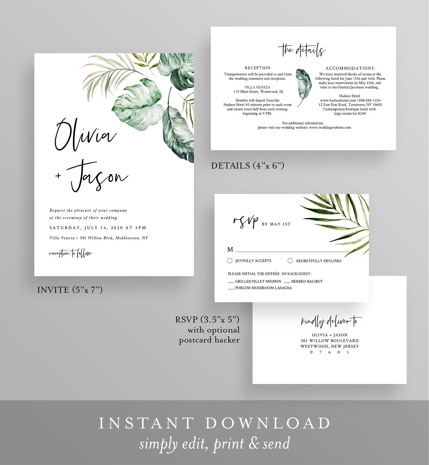 Tropical Wedding Invitation Suite, Editable Template