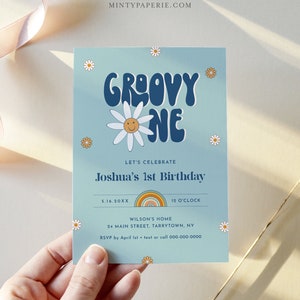 Groovy One Birthday Invitation for Boy, Hippie, Retro, 70's Vibe, 1st Birthday Invite, First, Editable Template, Instant, Templett 051-122BD image 6