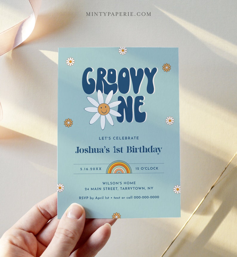 Groovy One Birthday Invitation for Boy, Hippie, Retro, 70's Vibe, 1st Birthday Invite, First, Editable Template, Instant, Templett 051-122BD image 6