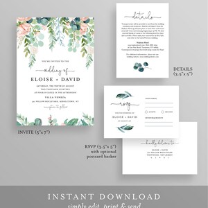 May include: A wedding invitation suite with a watercolor floral design. The invitation card features a leafy garland with pink and white flowers. The text reads "You're invited to the wedding of Eloise + David". The RSVP card has a leafy design and the text "RSVP for the wedding of Eloise + David". The details card has a leafy design and the text "details".